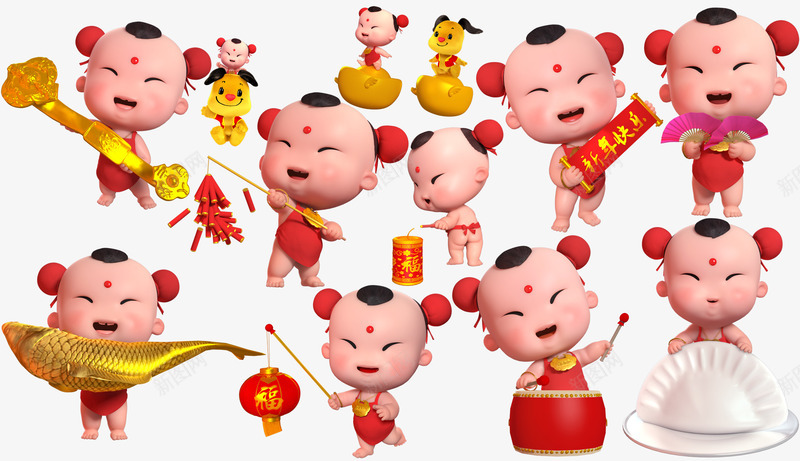 招财童子三维春节合集png免抠素材_新图网 https://ixintu.com 中国风 喜庆 招财童子 春节