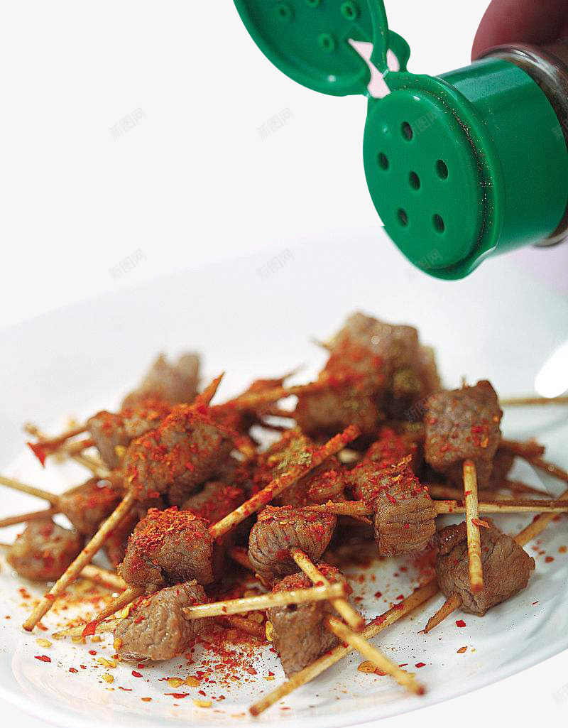休闲小吃零食牙签肉png免抠素材_新图网 https://ixintu.com 休闲小吃 孜然牙签肉 牙签肉 辣椒粉