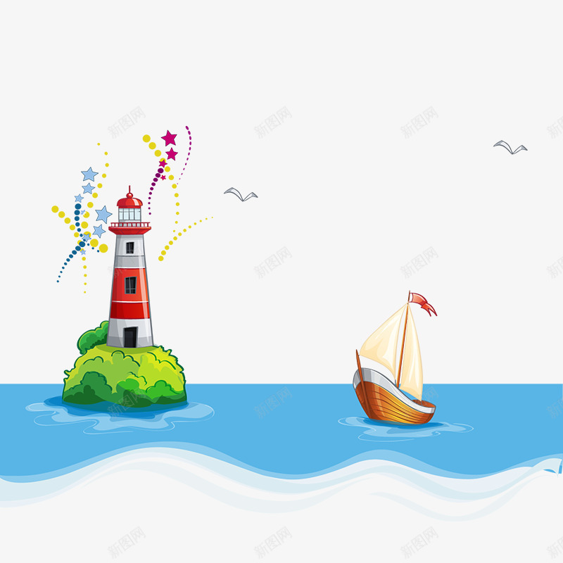 卡通手绘大海导航塔小船png免抠素材_新图网 https://ixintu.com 卡通小船 卡通手绘海景 卡通海平面 导航塔 海水