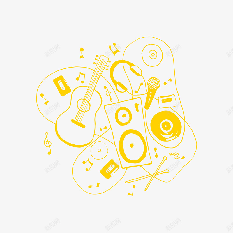 黄色创意音乐旋律png免抠素材_新图网 https://ixintu.com 主旋律 乐器 创意设计 手绘风格 音乐旋律 音符 音符涂鸦 黄色