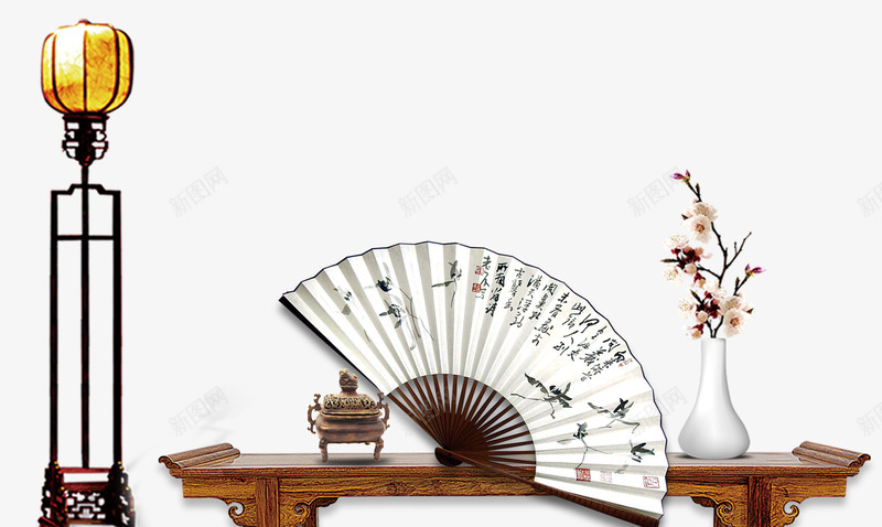 书房装饰案几png免抠素材_新图网 https://ixintu.com 中国风 书房 扇子 手绘香炉 案几 灯 花瓶 装饰 香炉