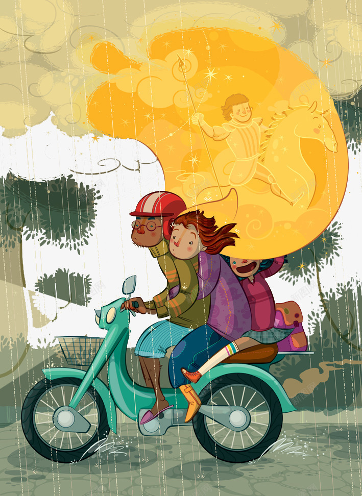 手绘一家三口雨中psd免抠素材_新图网 https://ixintu.com 创意设计 可爱卡片 手绘插画