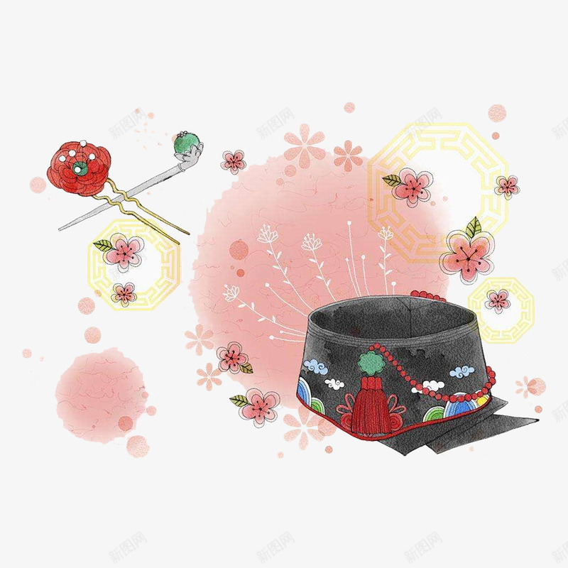 手绘水彩发簪帽子png免抠素材_新图网 https://ixintu.com 发簪 发饰 帽子 手绘 手绘发簪 插画 水彩 花朵 韩国