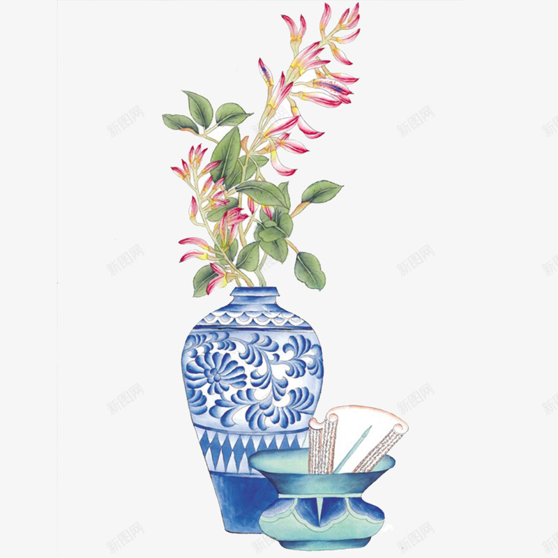 花瓶png免抠素材_新图网 https://ixintu.com 中国风 粉色 花枝 花瓶 蓝色 青花瓷