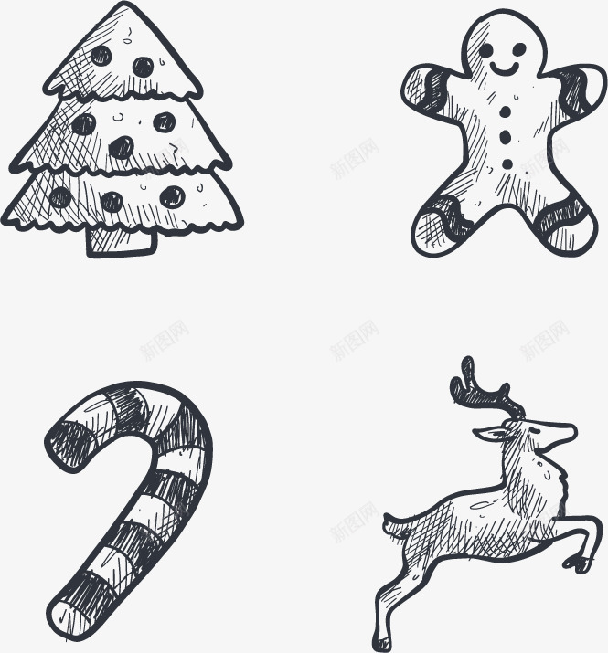 素描圣诞节装饰png免抠素材_新图网 https://ixintu.com 免抠png 免费png 圣诞树 拐棍 饼干人 驯鹿