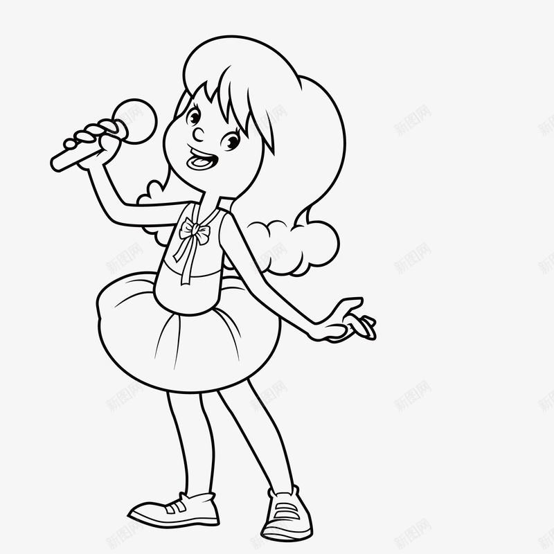 简笔画未上色女孩插画图标png_新图网 https://ixintu.com 可爱女孩 唱歌的女孩 小女孩 空白插画 长发女孩 麦克风