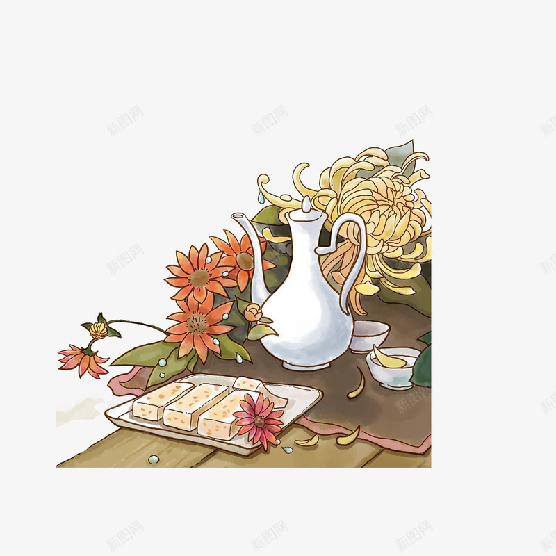 卡通重阳节手绘插画png免抠素材_新图网 https://ixintu.com 一壶清酒 唯美风 手绘插画 芙萸 菊花 重阳节