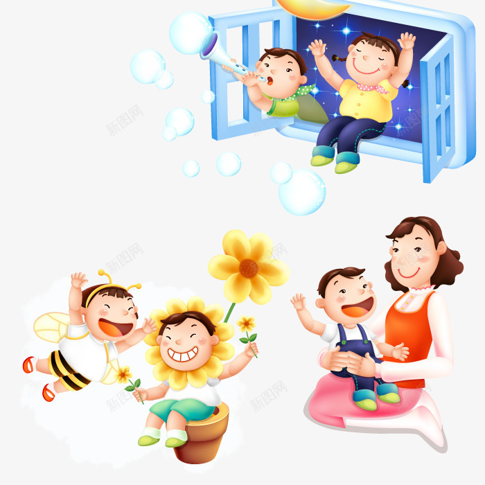玩耍的孩子png免抠素材_新图网 https://ixintu.com 向日葵 吹泡泡 小蜜蜂 母婴