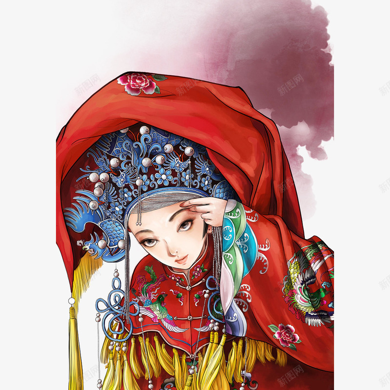 手绘中国风新娘png免抠素材_新图网 https://ixintu.com 中国风 中国风红嫁衣新娘 凤冠霞帔 古装新娘 古风 婚礼 手绘 插画 红盖头