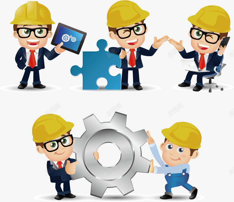 建筑工程师卡通图矢量图ai免抠素材_新图网 https://ixintu.com 卡通人物 安全帽 工程师 建筑工人 建筑插画 拼图 齿轮 矢量图