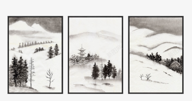 黑白雪景挂画png免抠素材_新图网 https://ixintu.com 水墨横幅 雪山树林 黑白装饰画