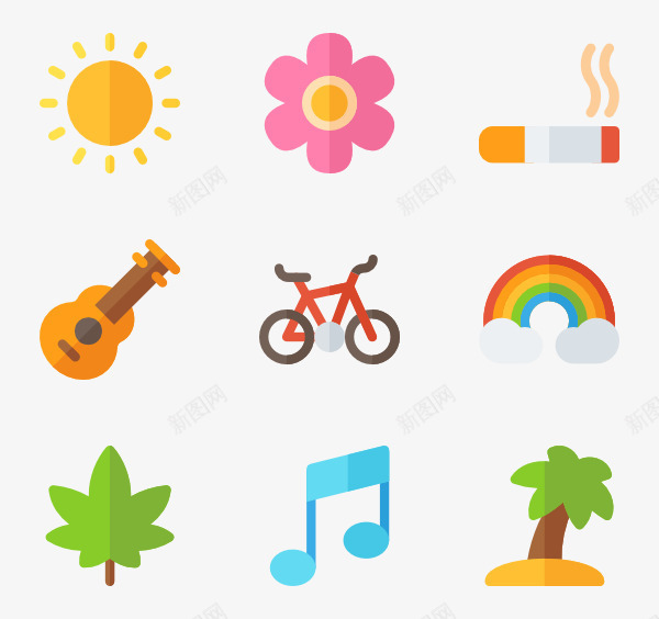 卡通风景小插图png免抠素材_新图网 https://ixintu.com 卡通 吉他 太阳 小插图 彩虹 树木 椰子树 自行车 花朵 音符 风景 香烟