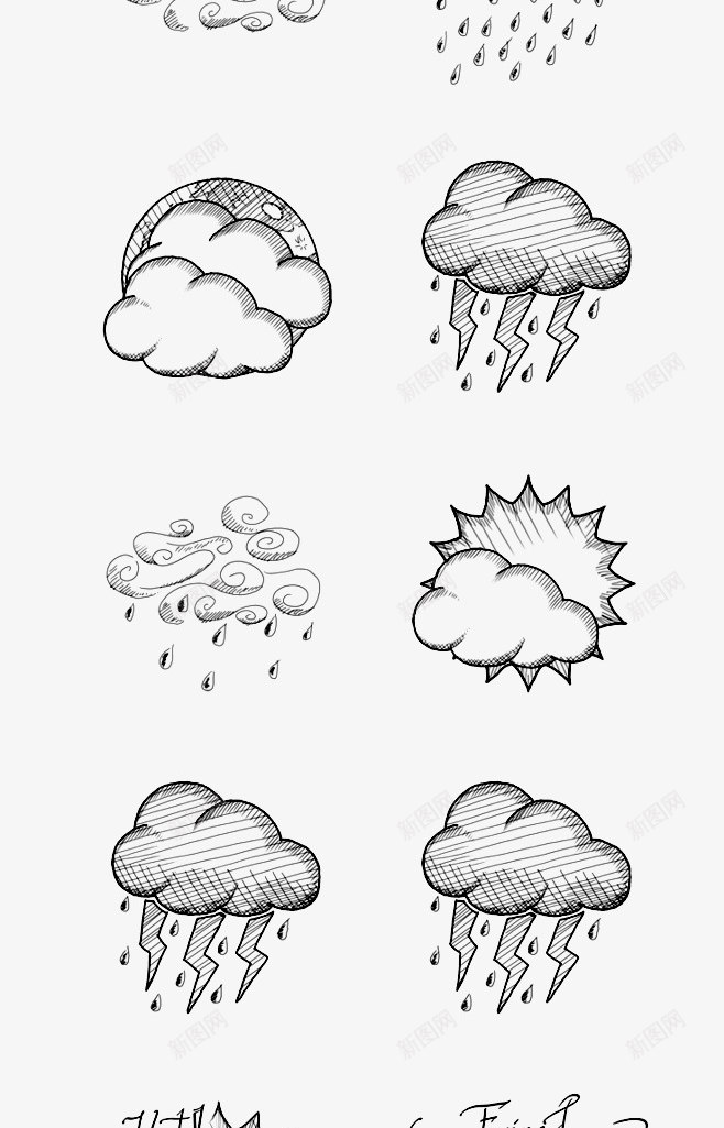 卡通线条手绘 图标 多云 天气预报 小雪 手绘天气 晴天 雨天 雷阵雨