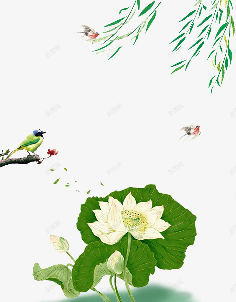绿色清新文艺荷花柳树背景psd免抠素材_新图网 https://ixintu.com 小鸟 文艺 春季 柳树 柳树叶 柳树小鸟 清新 燕子 绿色 荷花