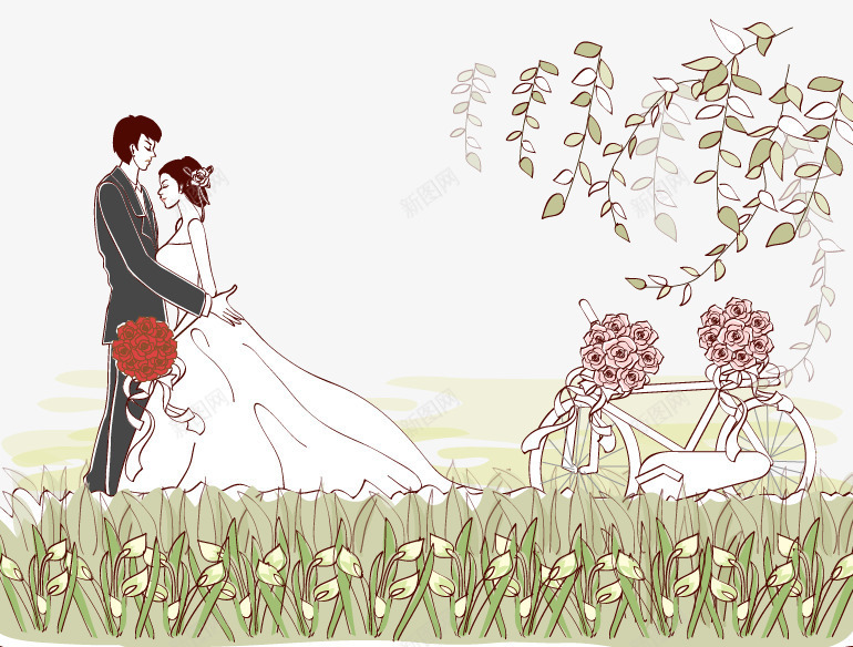插画婚纱照png免抠素材_新图网 https://ixintu.com 小草 插画婚纱照 矢量婚纱照 花卉 花朵