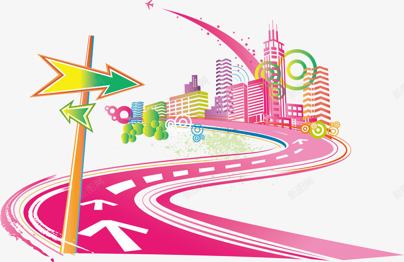 卡通道路矢量图ai免抠素材_新图网 https://ixintu.com 城市 房子 矢量图 箭头 路标 路标漫画 马路