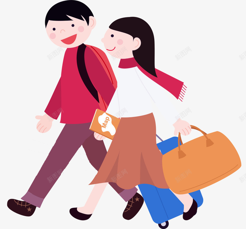 卡通出行的人图png免抠素材_新图网 https://ixintu.com 卡通 女人 情侣 插图 旅行 男人 行李 高兴地
