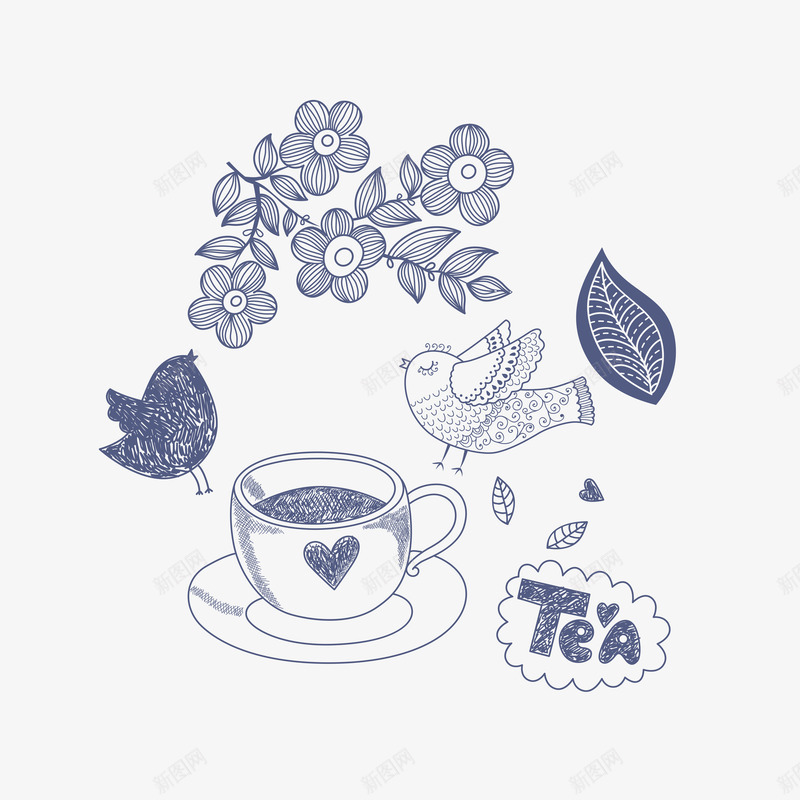 线描茶杯下午茶装饰psd免抠素材_新图网 https://ixintu.com TEA 小鸟 线描茶杯下午茶装饰 花朵 茶会 茶叶 餐饮广告PNG 餐饮广告PNG素材
