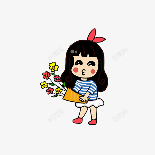 卡通拿花的女孩png免抠素材_新图网 https://ixintu.com 卡通 可爱 嘟嘴 女孩 女生 拿花的美女 捧花 插画