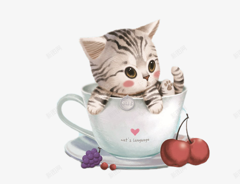 手绘杯子里的小猫咪psd免抠素材_新图网 https://ixintu.com 创意 卡通 小猫 手绘 杯子