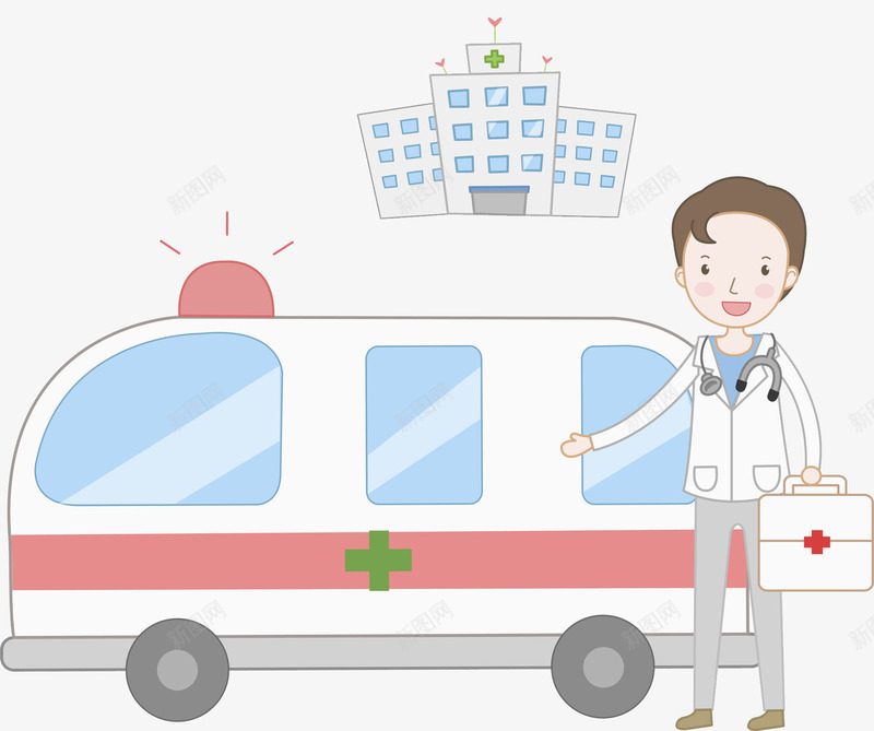 急救车旁的医生png免抠素材_新图网 https://ixintu.com 卡通 帅气的 急救箱 急救车 手绘 插图 男人