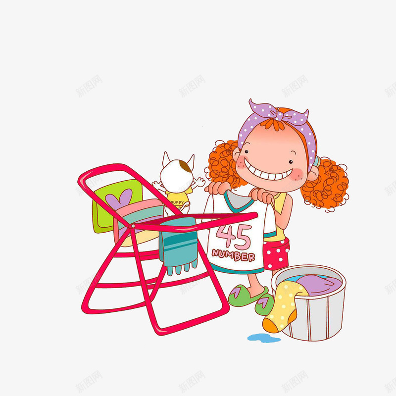 边洗边晒衣服的女孩png免抠素材_新图网 https://ixintu.com 卡通小狗 卷发女孩 洗衣服的女人 边洗边晒衣服的女孩