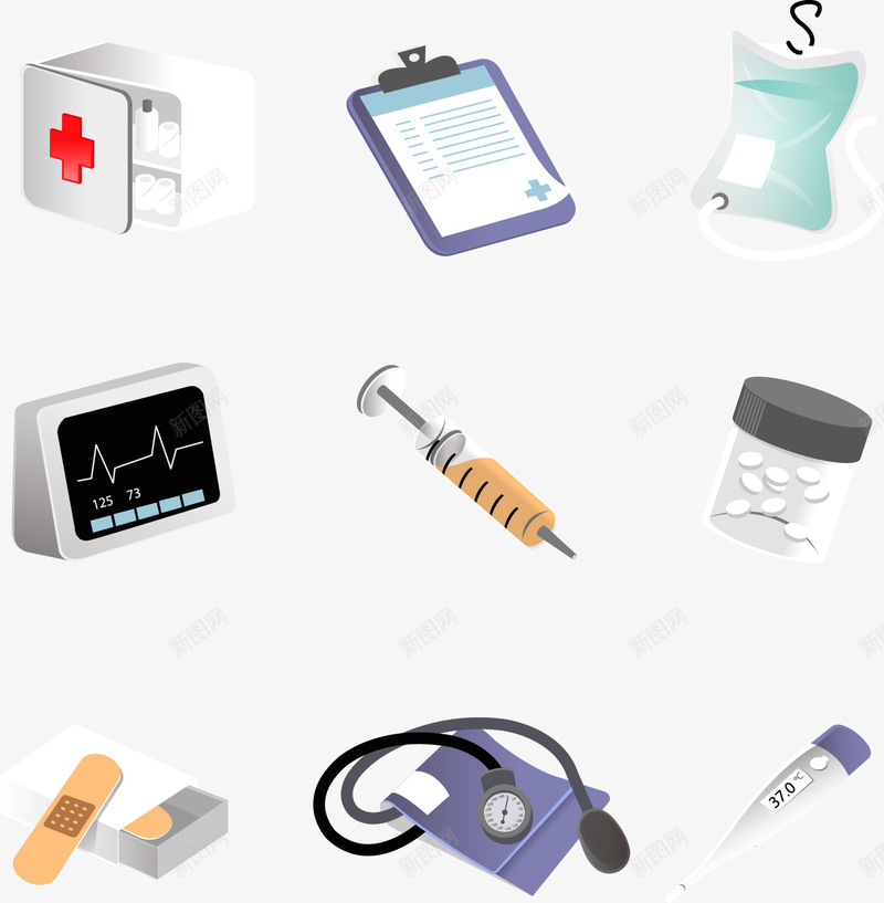手绘医疗用品合集矢量图ai免抠素材_新图网 https://ixintu.com 创可贴 医疗用品 心电图 温度计 血压计 矢量图