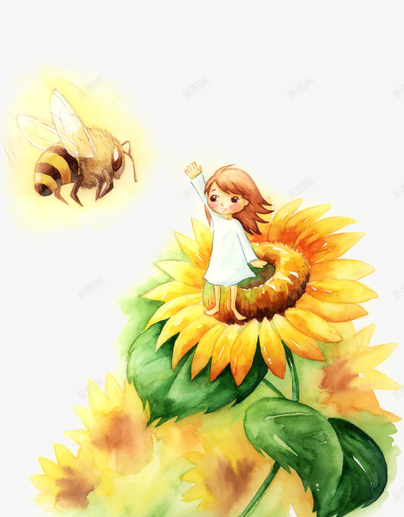 手绘向日葵女生蜜蜂png免抠素材_新图网 https://ixintu.com 向日葵 女生 蜜蜂