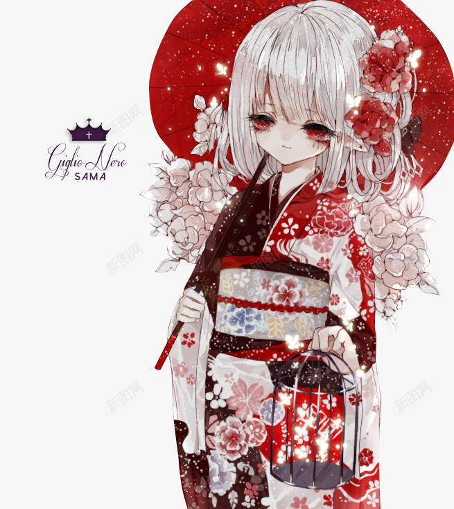 红色花朵漫画女生png免抠素材_新图网 https://ixintu.com 女生 漫画 红色 花朵