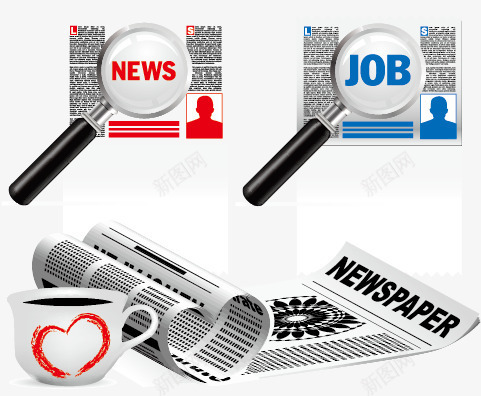 报纸矢量图eps免抠素材_新图网 https://ixintu.com 4 报纸NEWS纸张眼镜铅笔咖啡杯子心矢量素材 矢量图