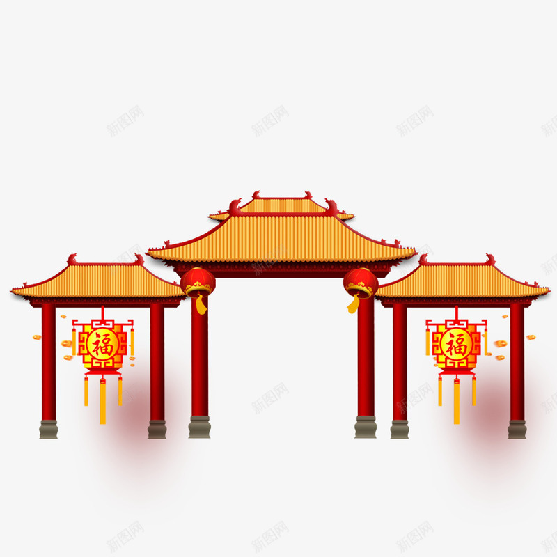 春节逛街大门psd免抠素材_新图网 https://ixintu.com 2018年 古建筑 喜庆 大门 庆祝 建筑 新年 春节 狗年 福字灯笼 背景 装饰