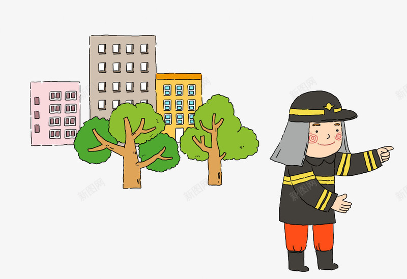 一名消防员png免抠素材_新图网 https://ixintu.com 卡通 大树 帅气的 房屋 插图 消防员 男人 绿色的