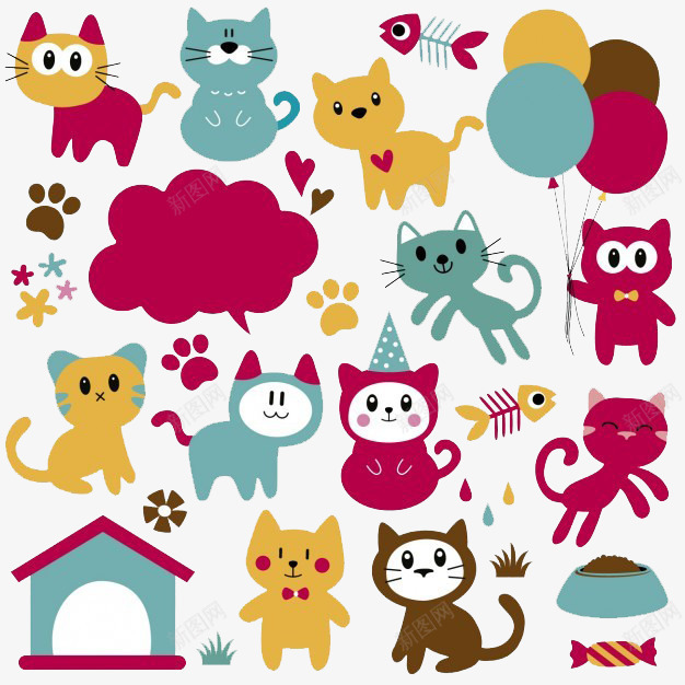 卡通小猫咪png免抠素材_新图网 https://ixintu.com 卡通 可爱 小猫 爪印 爪印剪纸 白色鱼骨 鱼骨