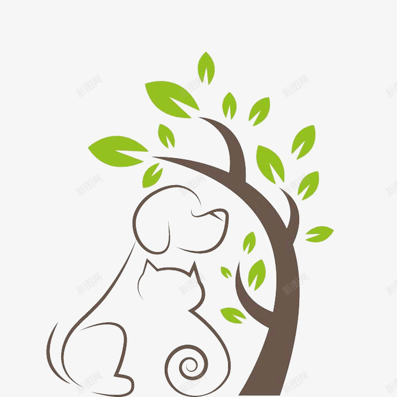 简约卡通png免抠素材_新图网 https://ixintu.com 叶子 哈巴狗 树 猫