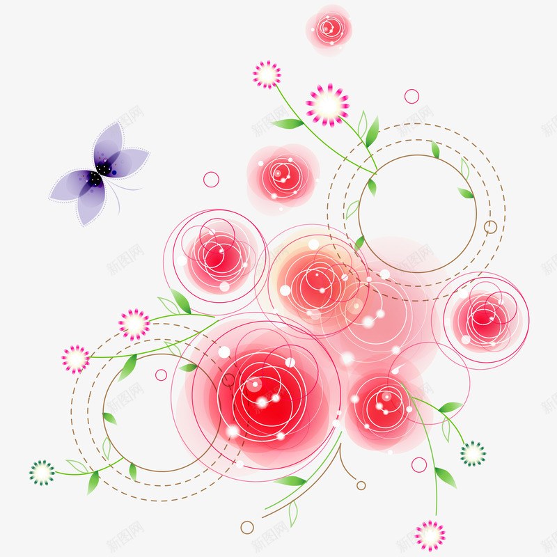 紫色蝴蝶和梦幻红色花朵png免抠素材_新图网 https://ixintu.com 手绘 紫色蝴蝶 美丽的 翅膀 装饰 触角 飞舞