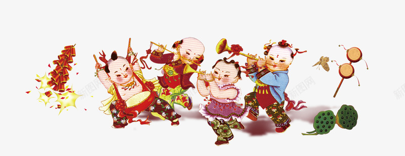 中国娃娃过新年png免抠素材_新图网 https://ixintu.com 中国娃娃 年画 春节 过节 鞭炮