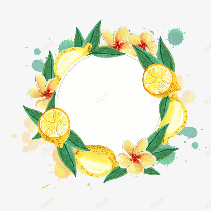 水彩绘夏季柠檬花环png免抠素材_新图网 https://ixintu.com 柠檬 水彩绘 绿色叶子 背景装饰 花环