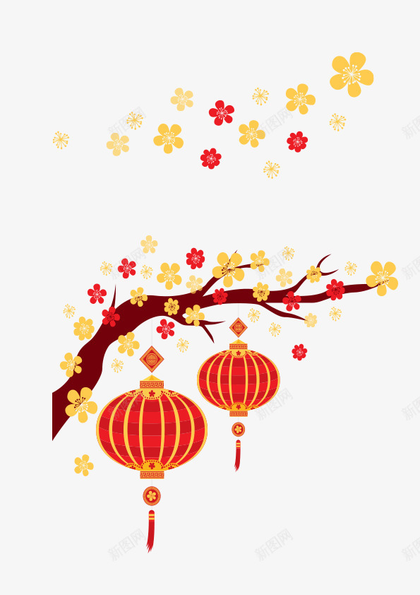 春节桃花樱花红色元素psd免抠素材_新图网 https://ixintu.com 春节 桃花 樱花枝 灯笼 红色