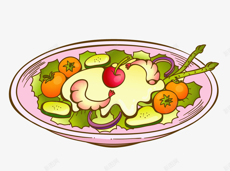 卡通水果沙拉图png免抠素材_新图网 https://ixintu.com 中华美食 卡通 插图 甜食 盘子 美食 蔬果沙拉 装饰 食物