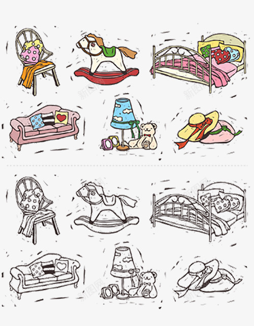 手绘日常用品图标png_新图网 https://ixintu.com 台灯 图标 大床 椅子 沙发
