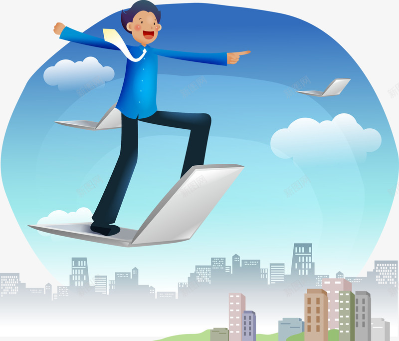 数码科技png免抠素材_新图网 https://ixintu.com we 卡通蓝天 商业男 电脑科技 矢量商务男 矢量城市 矢量电脑 矢量男人 矢量素材 矢量蓝天 网络时代 网络科技 飞翔的电脑