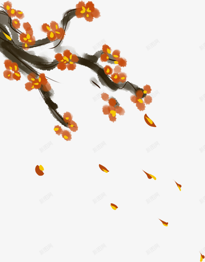 黄色中国风水墨花枝png免抠素材_新图网 https://ixintu.com 新年 新春 春节 桃花 水墨花枝 花树 过年