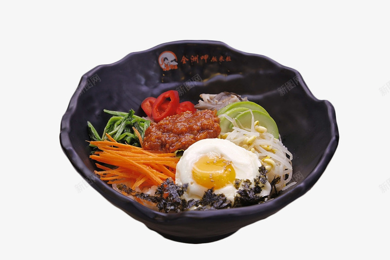 一碗美味韩式拌饭png免抠素材_新图网 https://ixintu.com 一碗饭 紫菜 美味 美食 胡萝卜 荷包蛋 辣椒 酱汁 韩式拌饭