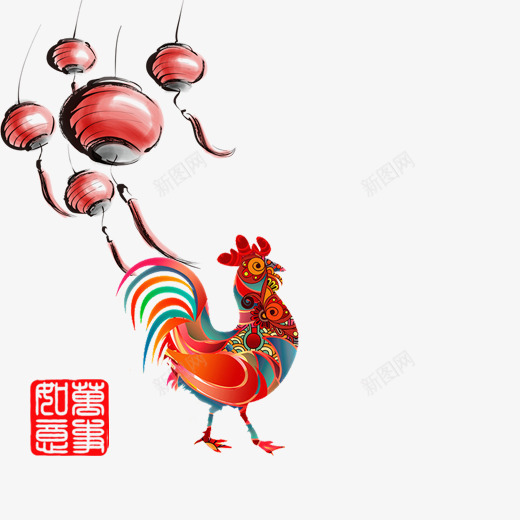 彩色公鸡踱步贺年psd免抠素材_新图网 https://ixintu.com 万事如意 印章 大年 彩色公鸡 水墨灯笼 红色春节 过年好