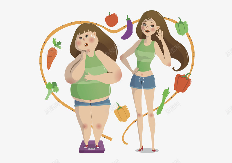食疗减肥的女孩png免抠素材_新图网 https://ixintu.com 人物 水果 电子秤 胡萝卜 苹果 茄子 蔬菜