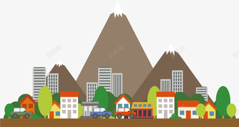 大山下的城市矢量图ai免抠素材_新图网 https://ixintu.com 城市 大山 大树 居民 棕色 环保 美好 矢量图