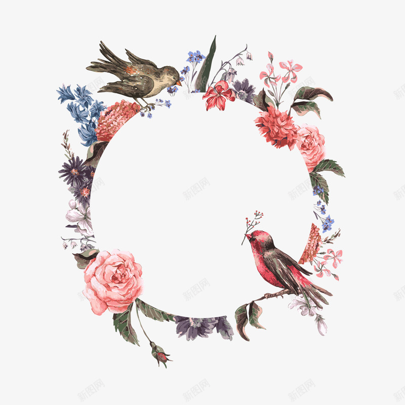 花环png免抠素材_新图网 https://ixintu.com 小鸟 工笔画 彩色 花环