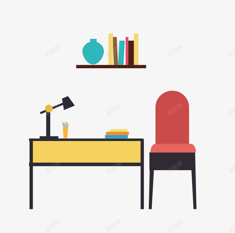 书桌椅子矢量图eps免抠素材_新图网 https://ixintu.com 书本 书架 书桌 台灯 椅子 矢量图