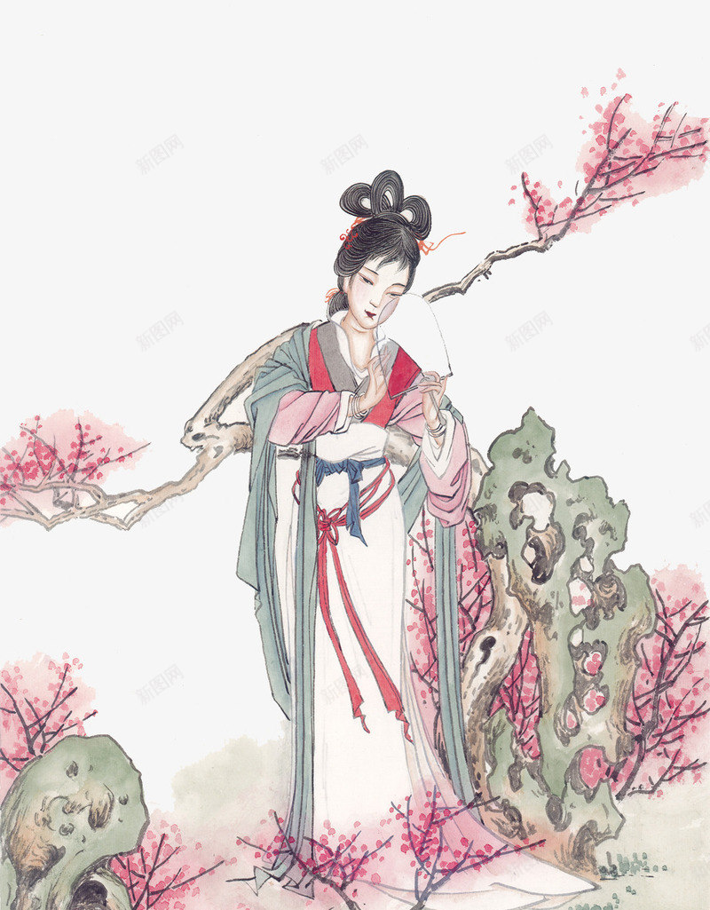古代美女图png免抠素材_新图网 https://ixintu.com 中国风 仕女 仕女赏花图 如花似玉 石头 红梅 红衣 美女 花枝