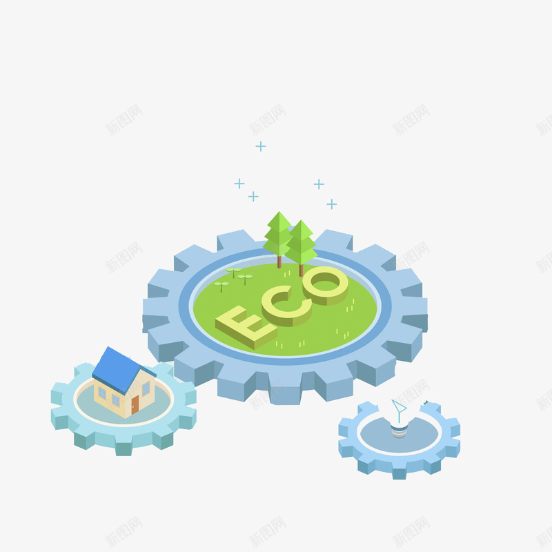 循环利用关乎每个家庭png免抠素材_新图网 https://ixintu.com 三个锯齿 房屋 绿树 绿色 草坪 蓝色 蓝色十字架 黄色
